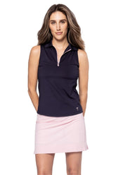 Sleeveless Zip Stretch Polo - Navy/Light Pink