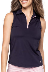 Sleeveless Zip Stretch Polo - Navy/Light Pink