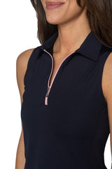 Sleeveless Zip Stretch Polo - Navy/Light Pink