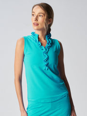 Sleeveless Collar Double Ruffle Top Caribbean Turq