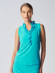 Sleeveless Collar Double Ruffle Top Caribbean Turq
