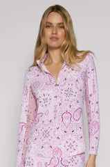 L/S Zip Mock Neck Top Pink Paisley