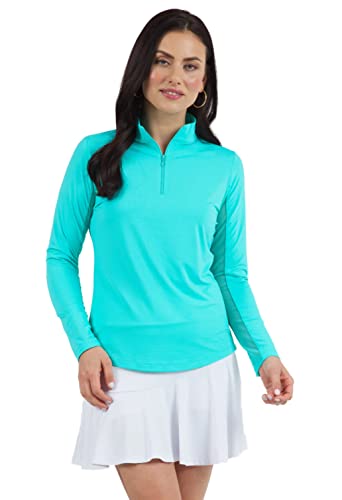 IBKUL Athleisure Wear Sun Protective UPF 50+ Icefil Cooling Tech Long Sleeve Mock Neck Top with Under Arm Mesh 80000 Jade Solid M