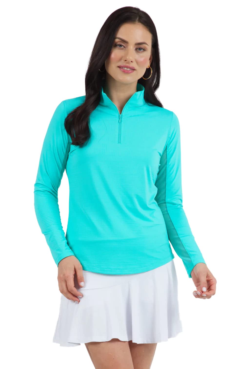 IBKUL Athleisure Wear Sun Protective UPF 50+ Icefil Cooling Tech Long Sleeve Mock Neck Top with Under Arm Mesh 80000 Jade Solid S