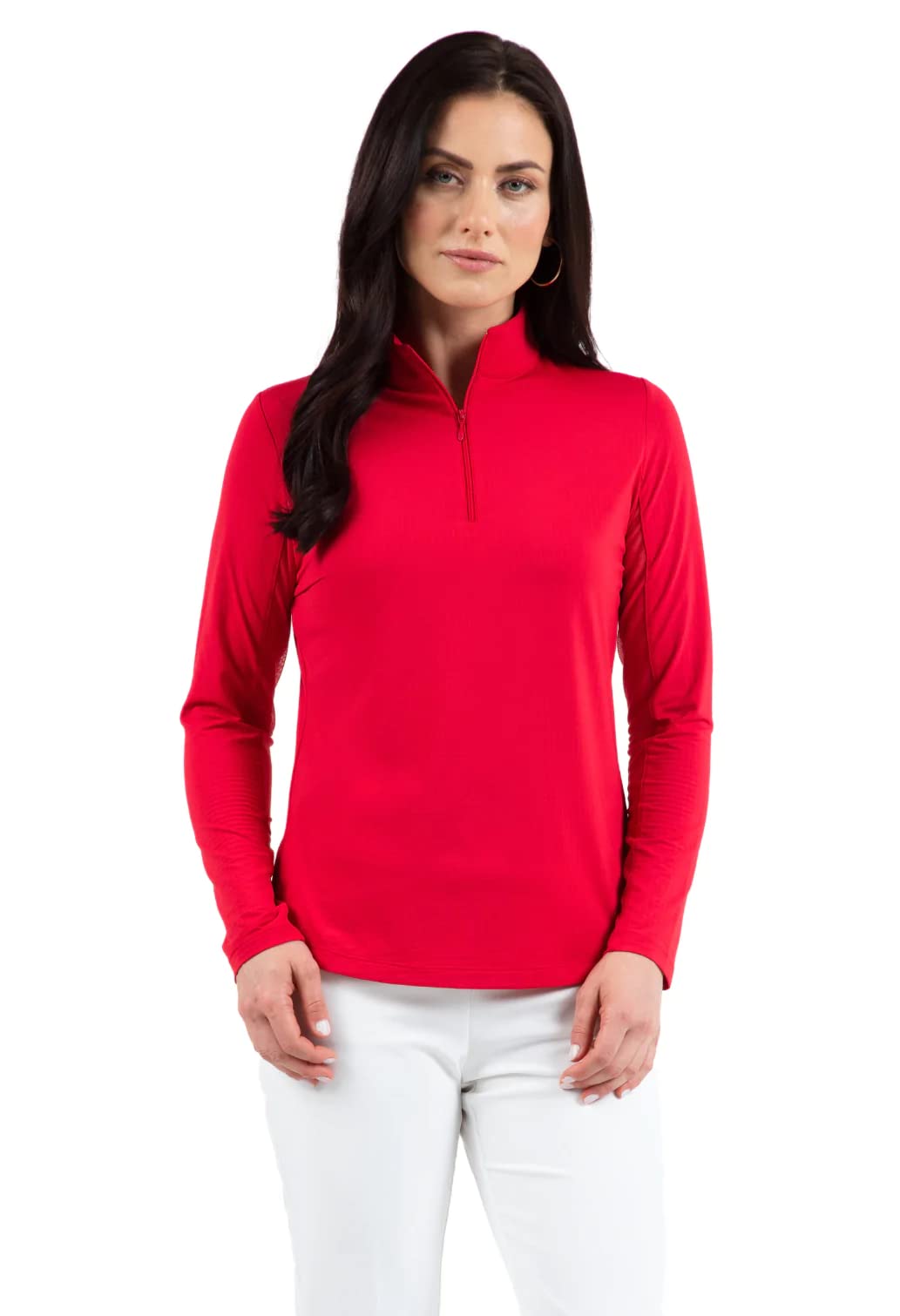 IBKUL Athleisure Wear Sun Protective UPF 50+ Icefil Cooling Tech Long Sleeve Mock Neck Top with Under Arm Mesh 80000 Red Solid L