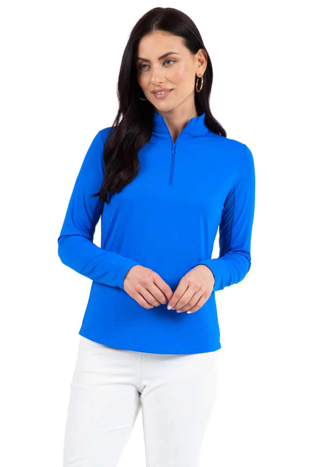 IBKUL Athleisure Wear Sun Protective UPF 50+ Icefil Cooling Tech Long Sleeve Mock Neck Top with Under Arm Mesh 80000 Blue Solid XL
