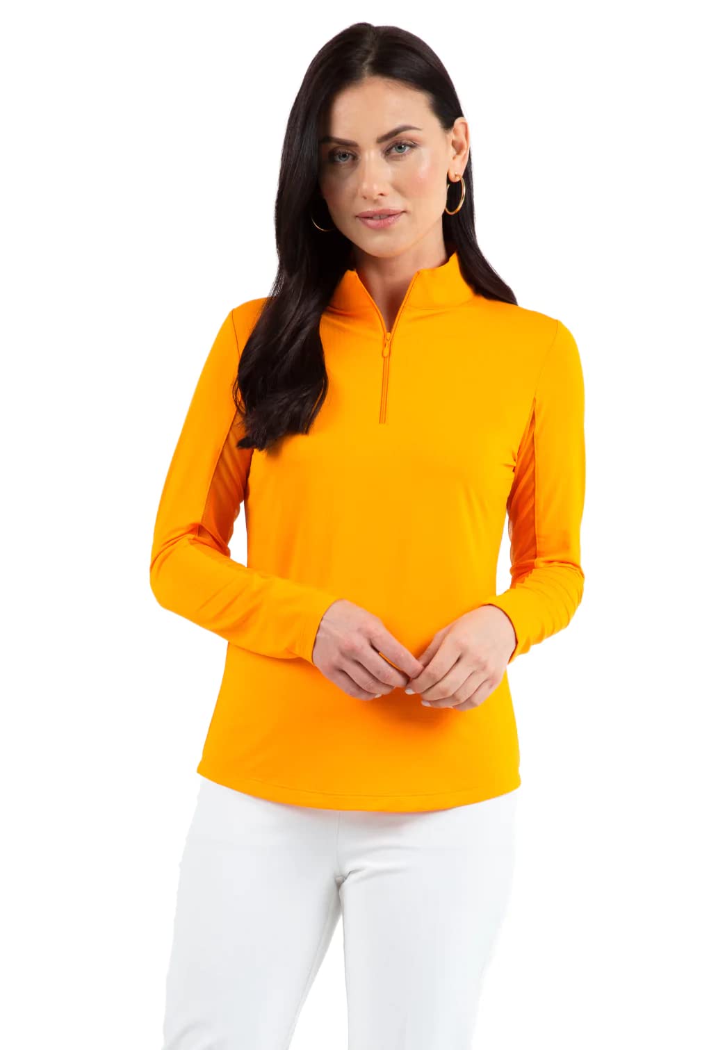 IBKUL Athleisure Wear Sun Protective UPF 50+ Icefil Cooling Tech Long Sleeve Mock Neck Top with Under Arm Mesh 80000 Orange Peel Solid M