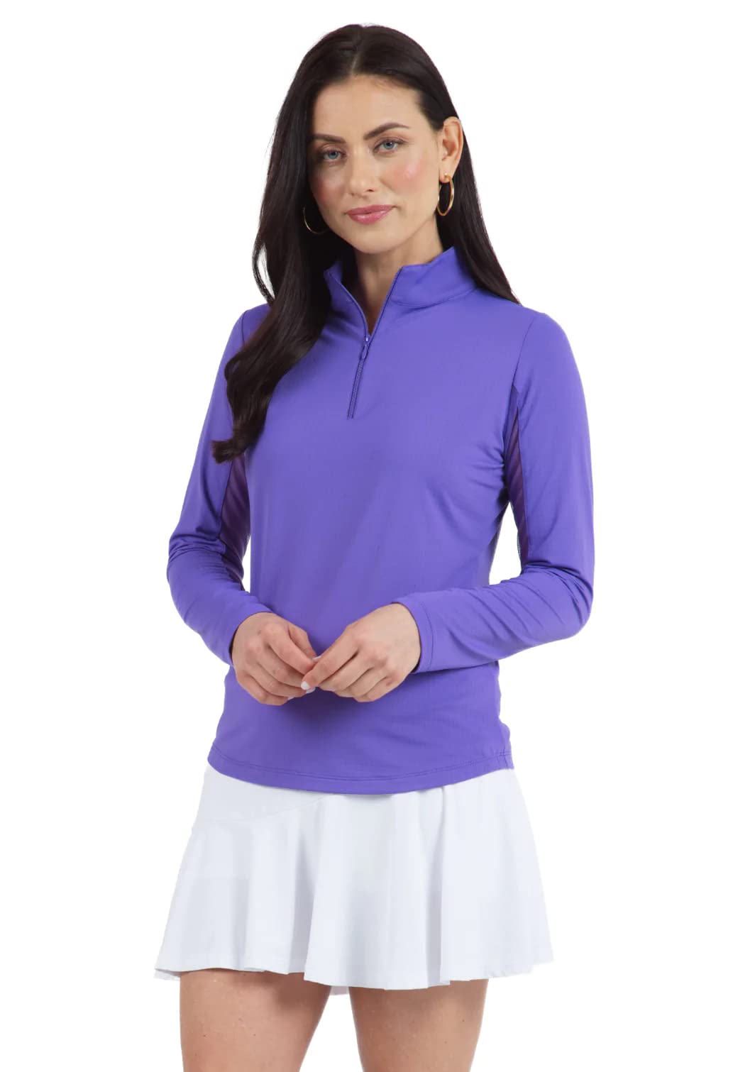 IBKUL Athleisure Wear Sun Protective UPF 50+ Icefil Cooling Tech Long Sleeve Mock Neck Top with Under Arm Mesh 80000 Plum Solid XL