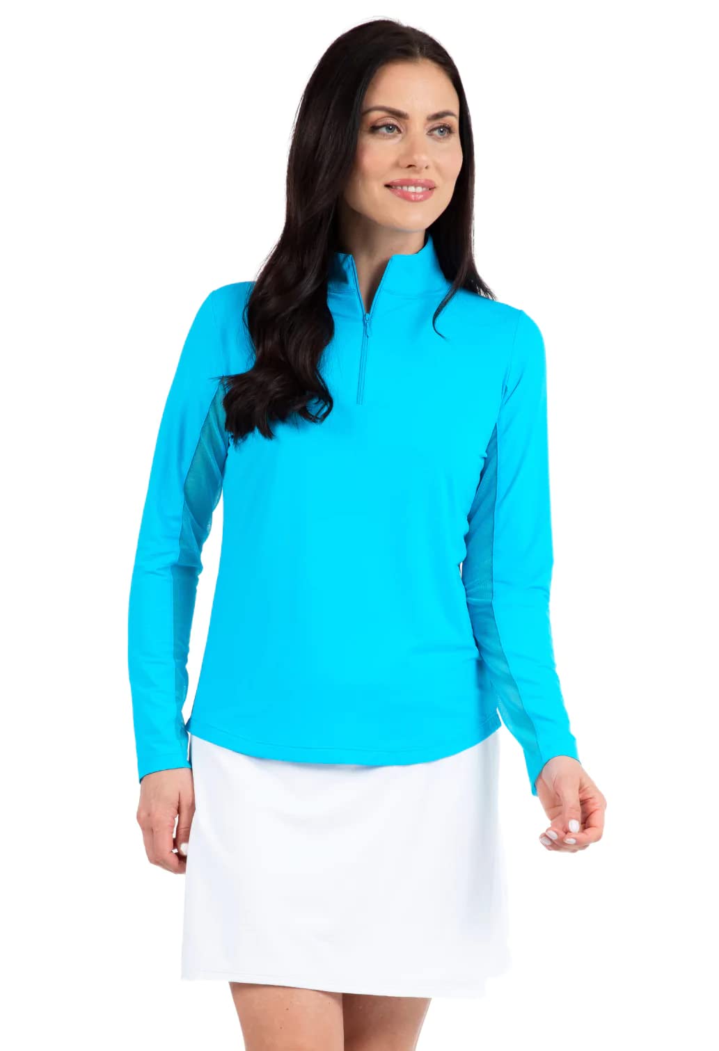 IBKUL Athleisure Wear Sun Protective UPF 50+ Icefil Cooling Tech Long Sleeve Mock Neck Top with Under Arm Mesh 80000 Turquoise Solid L