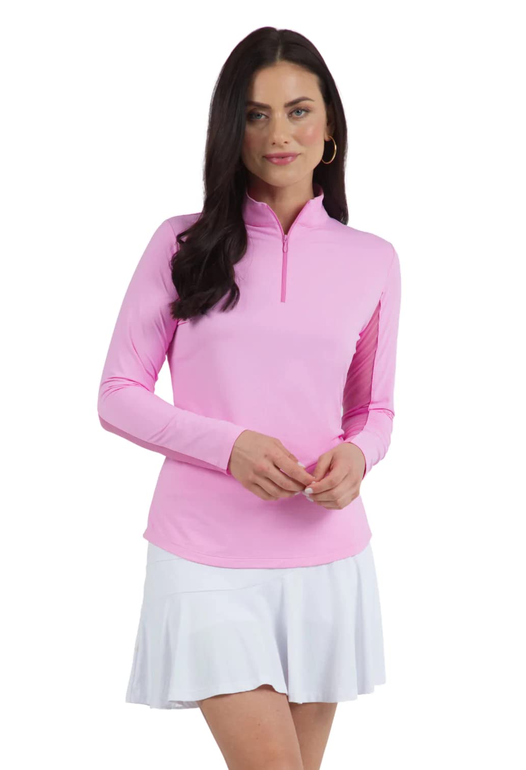 IBKUL Athleisure Wear Sun Protective UPF 50+ Icefil Cooling Tech Long Sleeve Mock Neck Top with Under Arm Mesh 80000 Watermelon Solid M