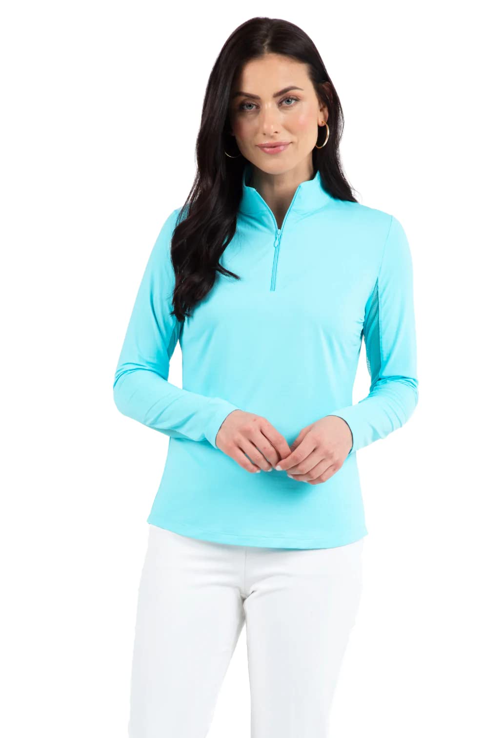 IBKUL Athleisure Wear Sun Protective UPF 50+ Icefil Cooling Tech Long Sleeve Mock Neck Top with Under Arm Mesh 80000 Seafoam Solid S