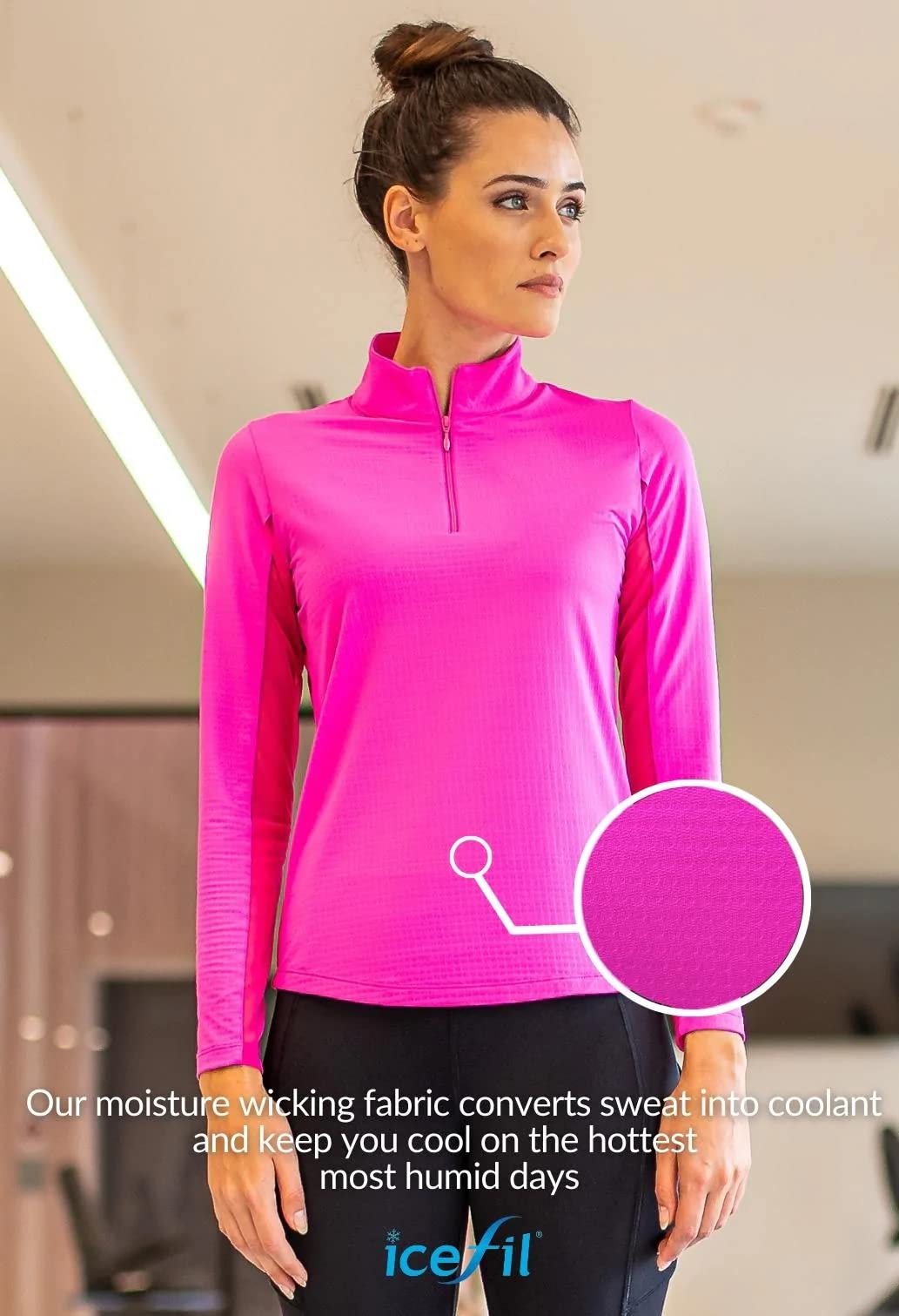 IBKUL Athleisure Wear Sun Protective UPF 50+ Icefil Cooling Tech Long Sleeve Mock Neck Top with Under Arm Mesh 80000 Plum Solid S